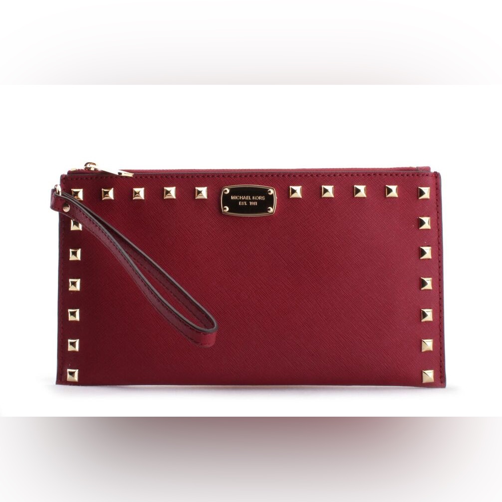 Nwt~ Michael Kors Saffiano Studded Zip Clutch Leather